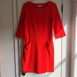 Boden Orange Textured Knit 3/4 Sleeve Knee Length Dress Pockets US 8 UK 12
